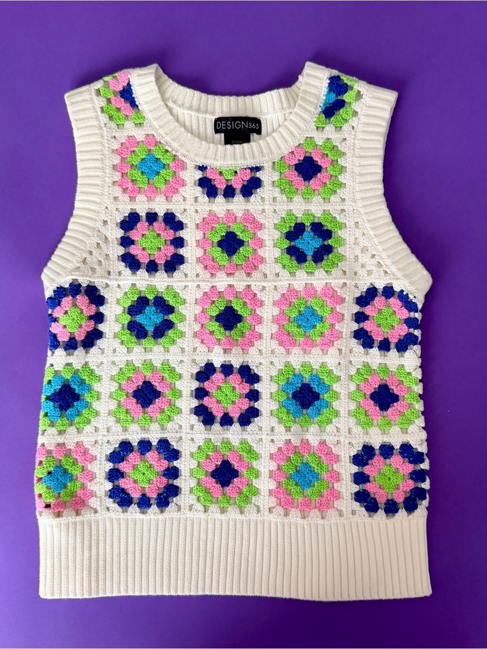Vintage Inspired Crochet Granny Square Sweater Vest in White with Bright Accents